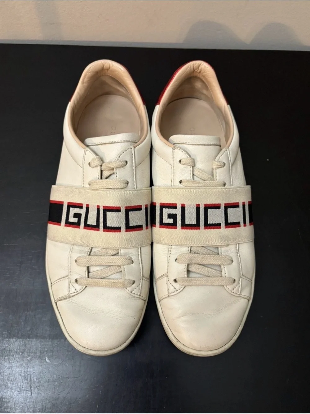 Gucci Ace Logo Band Stripe Leather Sneakers White Red